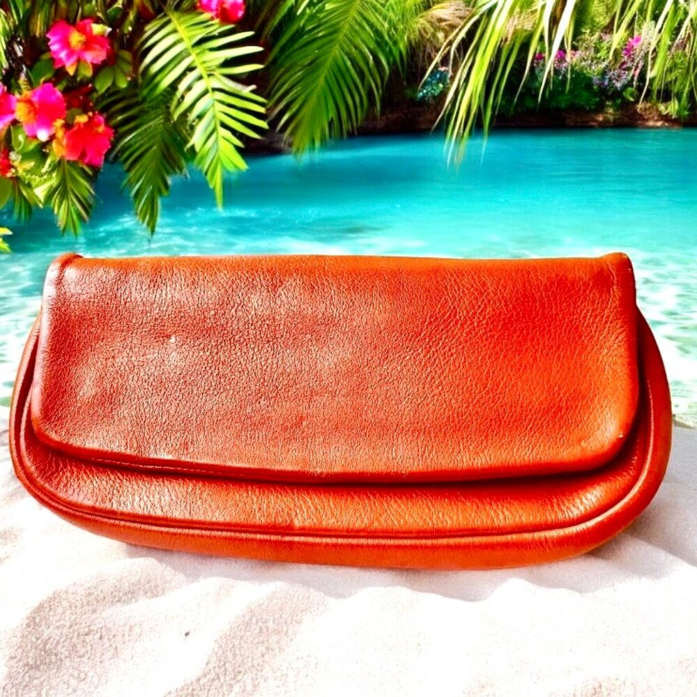 Vintage Orange Leather Clutch Purse Handbag Flap Top Zipper Suede Lined